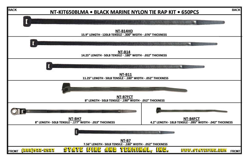 Black Marine Nylon Tie Rap 650 Piece Kit