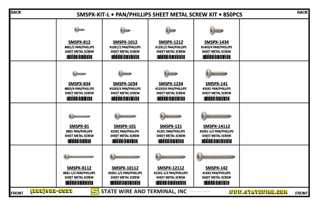 Pan Head Phillips Drive Sheet Metal Screw Kit - 825 Pieces