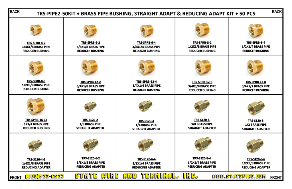 Brass Pipe Bushing, Straight Adapt, and Reducing Adapt Kit - 50 Pieces.