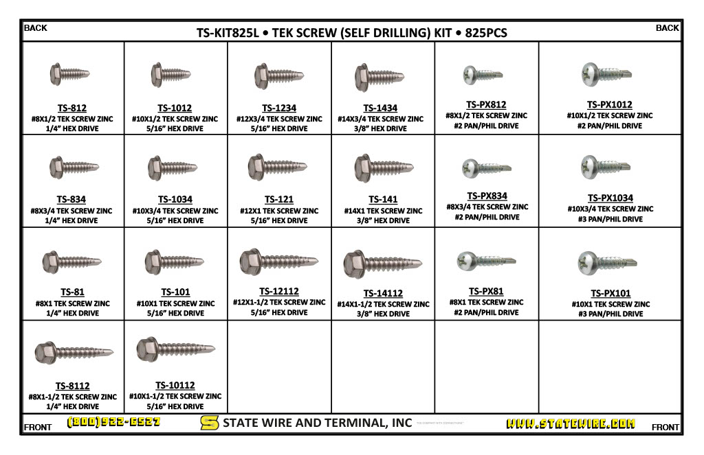 Hex Head Washer and Pan Head Phillips Tek Screw Kit - 825 Piece Assortment